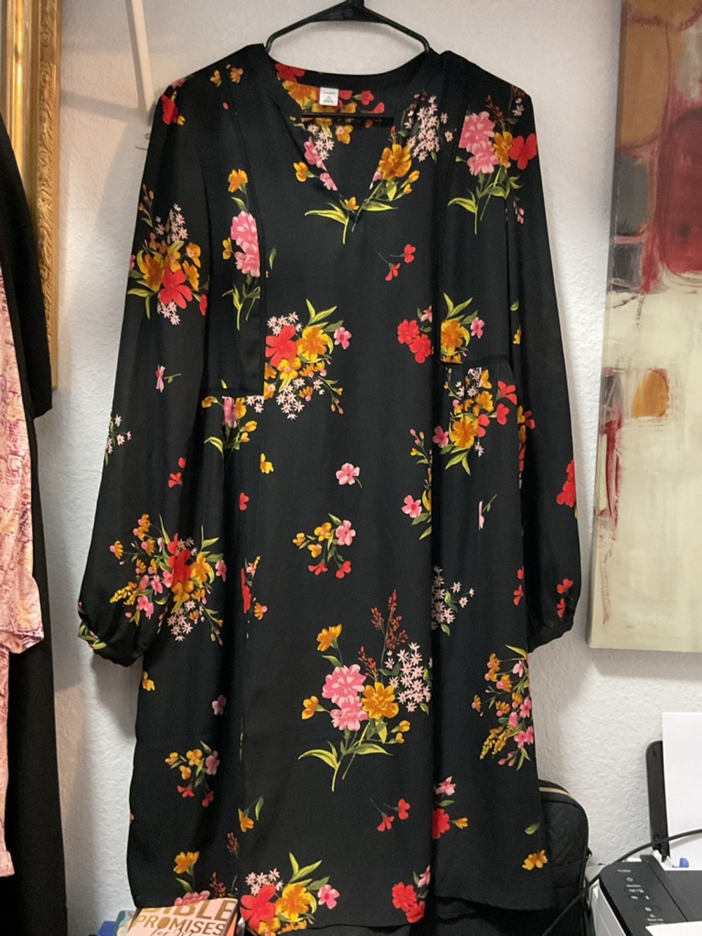 Old Navy Black Floral Long Sleeve Midi Dress
